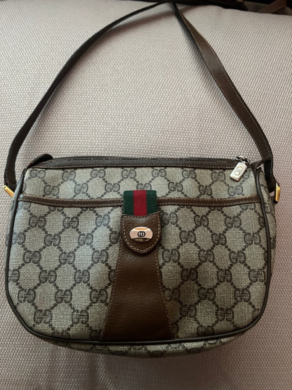 Gucci Beige GG Monogram Crossbody with Brown Leather and Green-Red Stripe